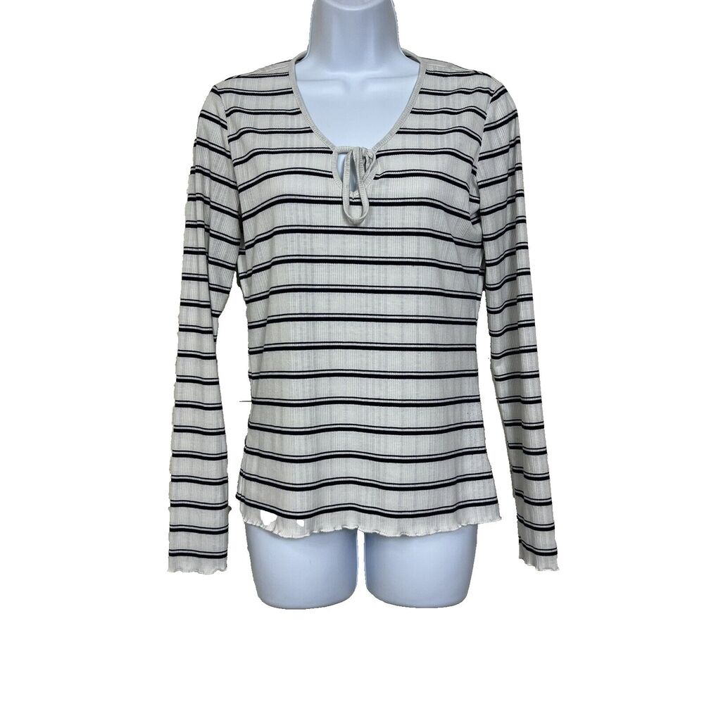 Jessica Simpson Striped Ribbed Tie Front Lettuce Edge Top Small